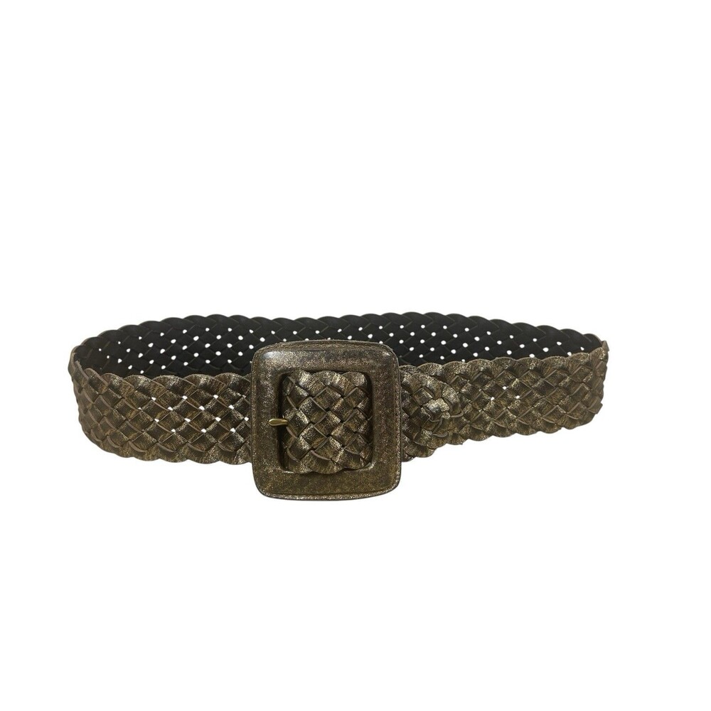 Y2K Chico’s Braided Leather Belt S Metallic Bronze Woven Square Buckle Boho